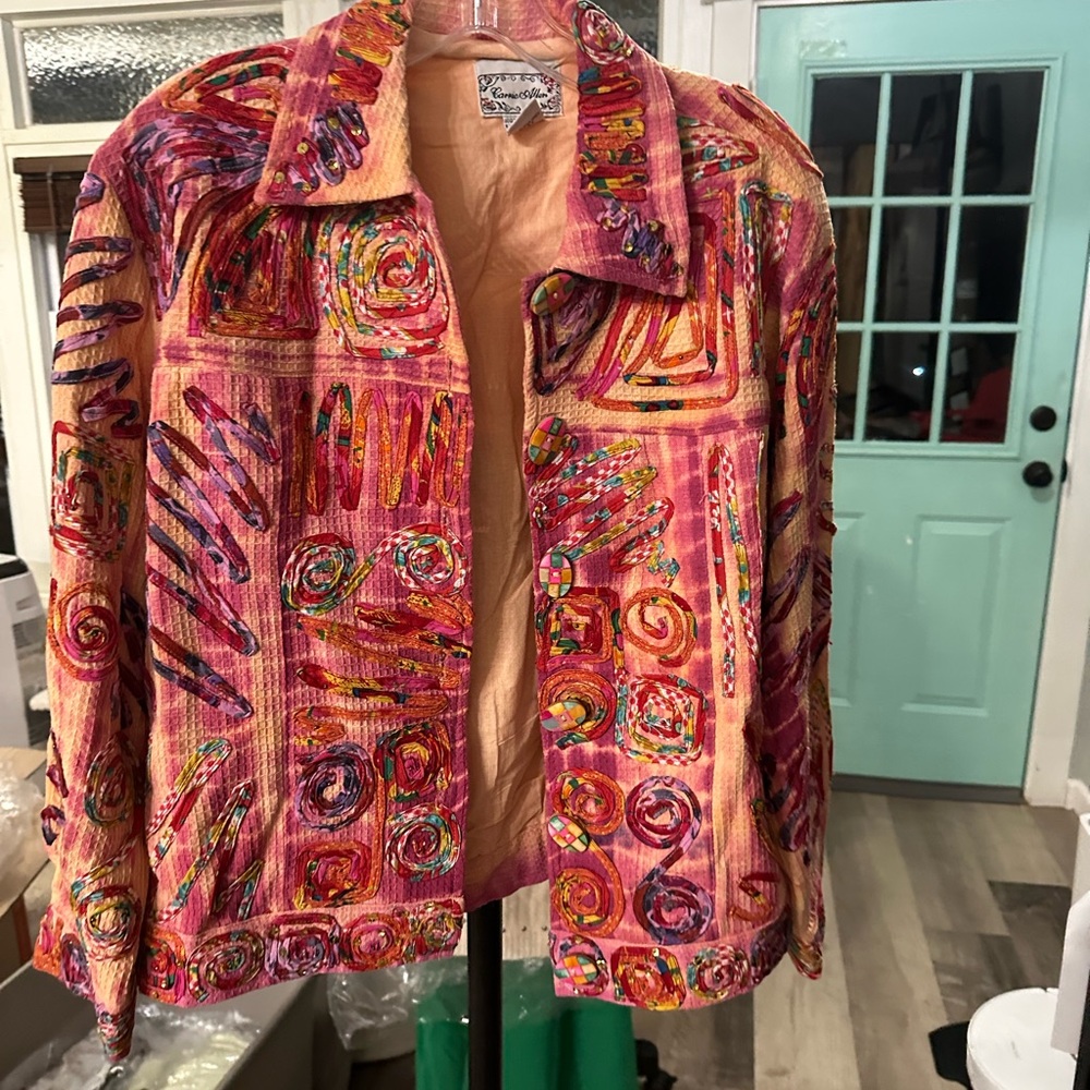 Pink and Orange Abstract Patterned Blazer with Luxurious Texture
